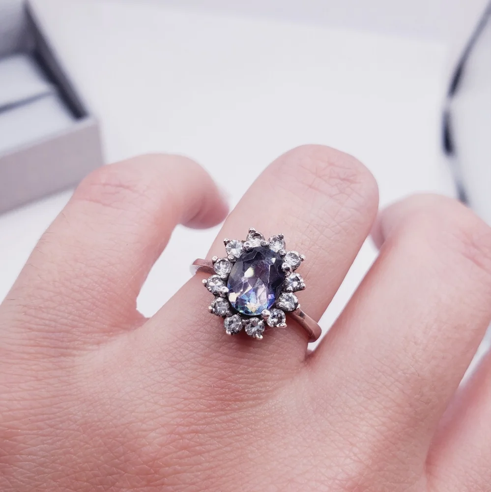 Mystic Topaz & Simulated Diamond Halo 925 Sterling Silver Ring